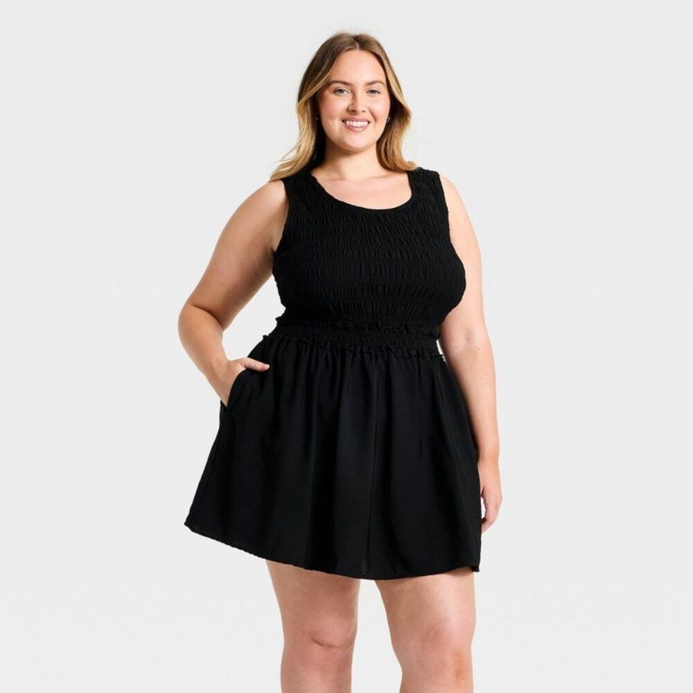 Women's Smocked Mini A-Line Dress - A New Day Black XXL